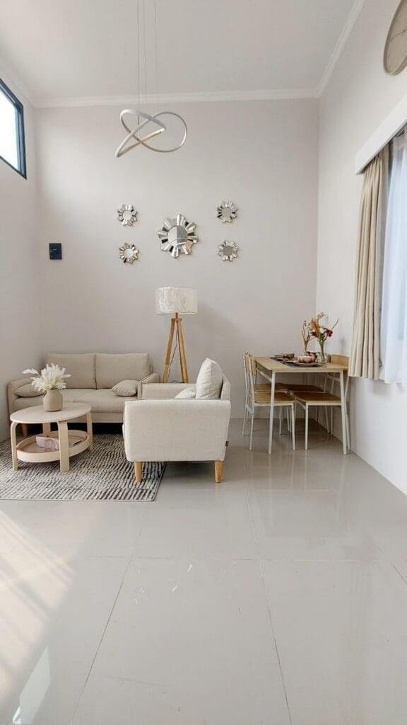 Desain interior ruang tamu modern gratis full set pada rumah siap huni Achieva Milenial di Babelan